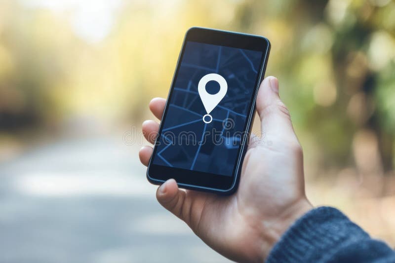 A person is using a mobile phone outdoors, showing a location pin on the screen while exploring the area around them royalty free stock photo