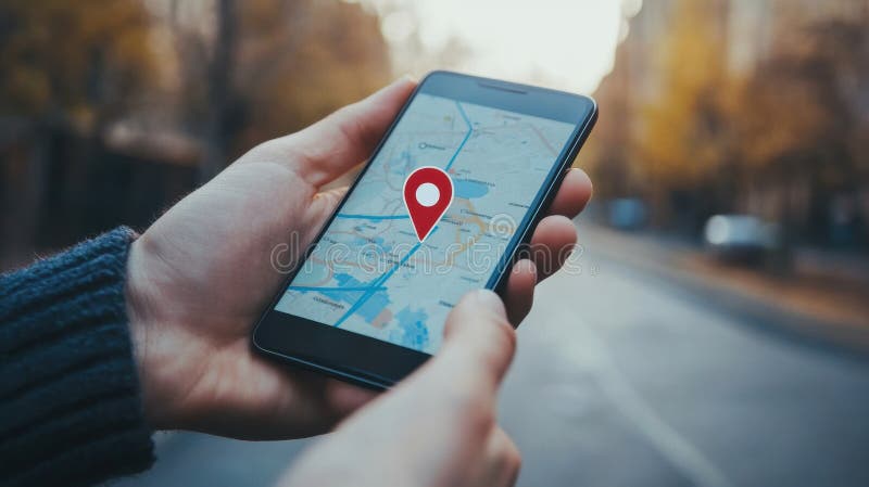 A person is using a mobile phone to view a map with a prominent location pin as they navigate through an urban stock images