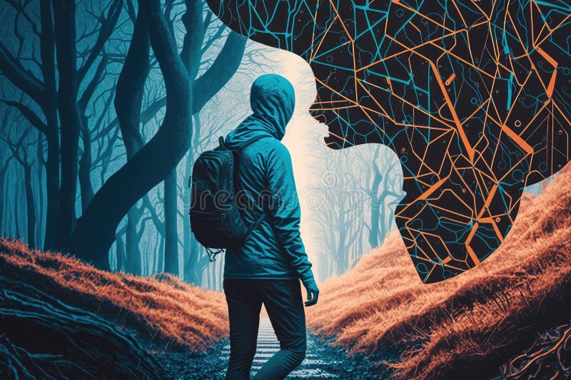 Person, using neural network to navigate a confusing maze stock illustration