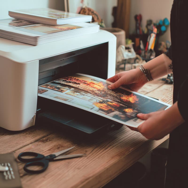 A Person Using a Printer to Print High-Quality Images of Beautiful Landscapes and Artwork in a Creative Workspace Environment stock images