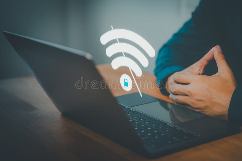 Person using secure WiFi connection on laptop computer. Cybersecurity, private network, and encrypted internet access concept for remote work and digital safety. Laptop personal computer stock images, royalty-free photos and pictures