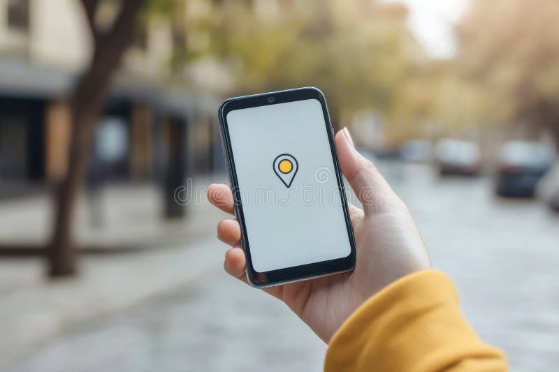 A person is using a smartphone with a location marker visible on the screen while walking in a city setting with autumn stock photography