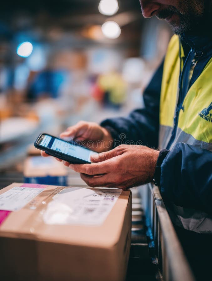 Person Using Smartphone to Scan Parcel in a Busy Shipping Area During Daylight Hours royalty free stock photography