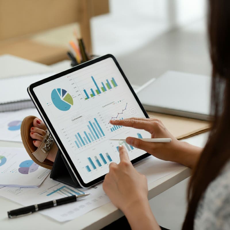 A person is using a tablet displaying various colorful charts and graphs. The screen vector illustration
