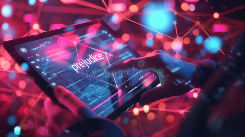 Person using tablet with holographic interface and &#x22;prejudice&#x22; on screen amidst glowing networks. stock photography