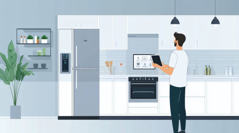 Person using a tablet to control smart home devices in a modern kitchen. Minimalistic graphic style. Indoor setting royalty free stock photography