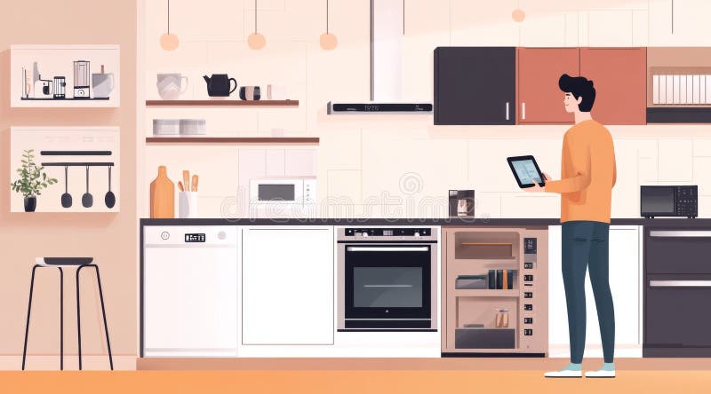 Person using a tablet to control smart home devices in a modern kitchen. Minimalistic graphic style. Indoor setting royalty free stock image