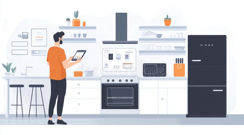 Person using a tablet to control smart home devices in a modern kitchen. Minimalistic graphic style. Indoor setting royalty free stock image