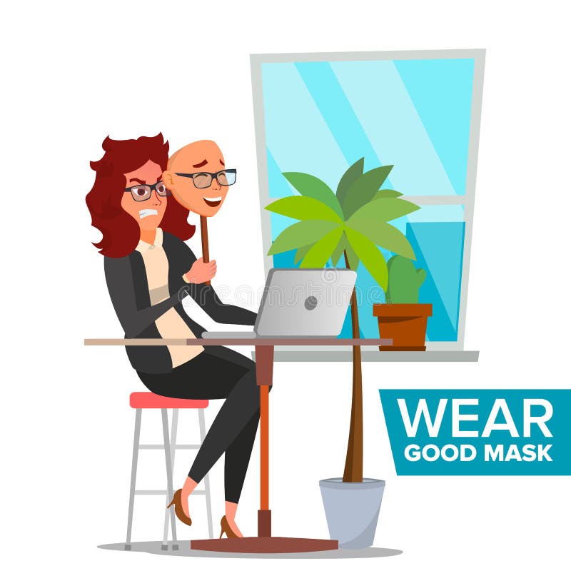 Person Vector falso Mujer mala, cansada Engañe el concepto Máscara de la sonrisa del desgaste de la mujer de negocios Personaje d stock de ilustración Person Vector falso Mujer mala, cansada Engañe el concepto Máscara de la sonrisa del desgaste de la mujer de negocios Personaje d stock de ilustración