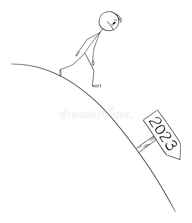 Person Walking Down Hill, Bad Expectations From Year 2023, Vector Cartoon Stick Figure Illustration