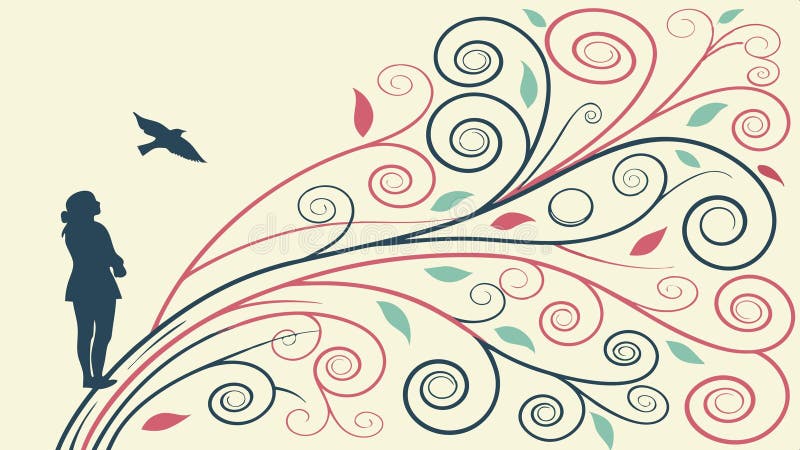 Person watching abstract swirling patterns with a bird illustration vector design Generative AI royalty free illustration
