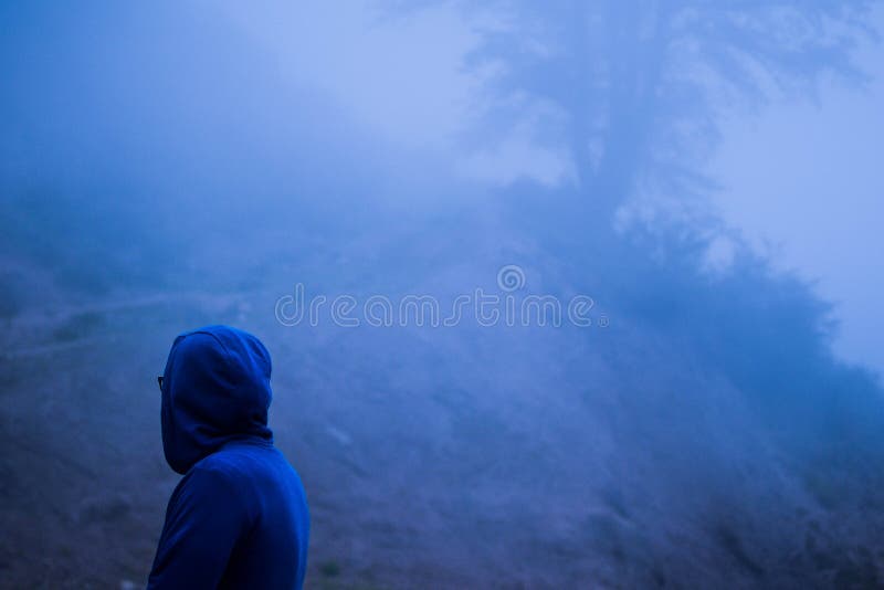 Person wearing a blue hoodie standing in a forest covered in fog stock photography Person wearing a blue hoodie standing in a forest covered in fog stock photography
