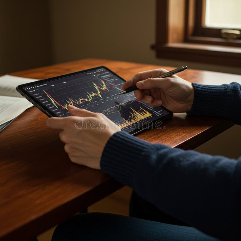A person wearing a dark sweater uses a stylus on a tablet displaying financial charts stock illustration