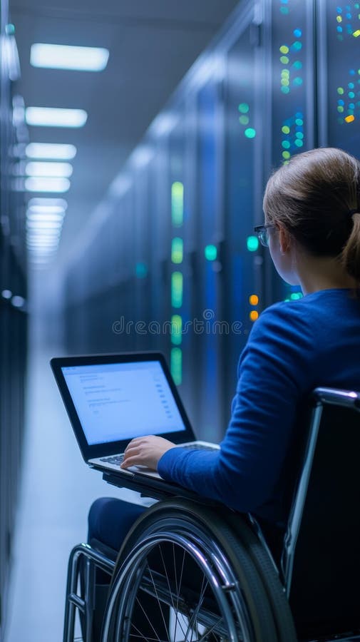 Person in wheelchair working on laptop in data center with illuminated server racks in background during evening hours royalty free stock image