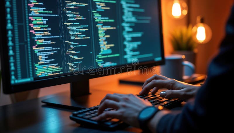 Person working on computer coding website design. Hands typing on keyboard. Monitor displays lots of colorful lines of code. Tech royalty free illustration