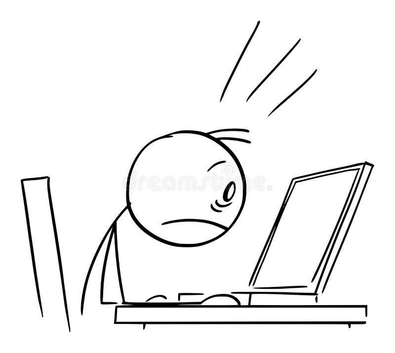 Shocked Person Working in Office and Watching Computer Display, Vector Cartoon Stick Figure Illustration royalty free illustration