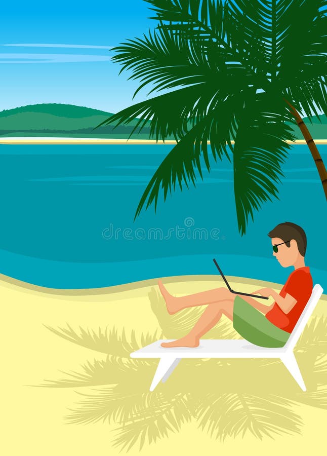 Person working at the computer under a palm tree at the tropical beach. royalty free illustration