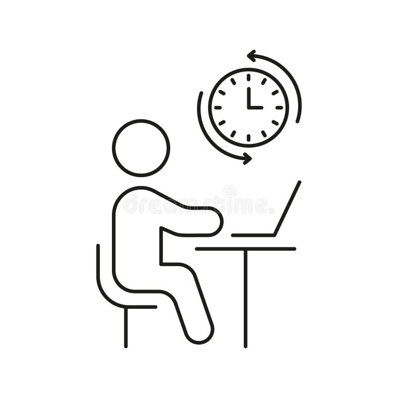 Person Working At Desk With Clock Line Icon. Time Management, Productivity, And Remote Work Outline Symbol. Efficient vector illustration