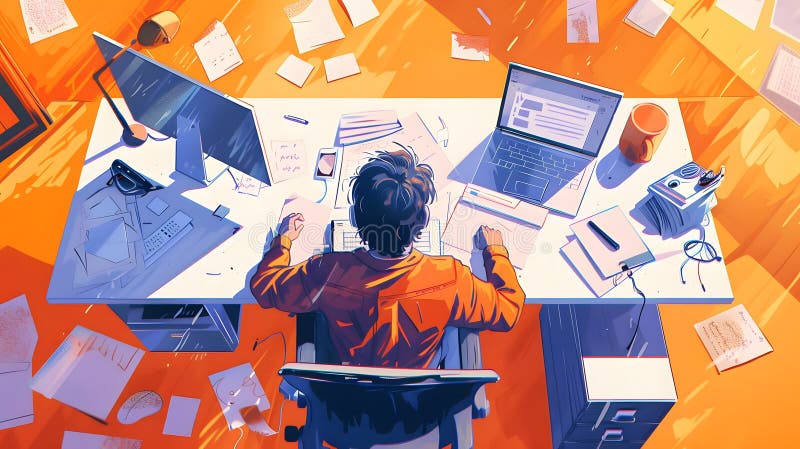 Person Working on Desk with Multiple Documents and Devices, Completing Tasks Efficiently and Effectively in a Creat royalty free illustration