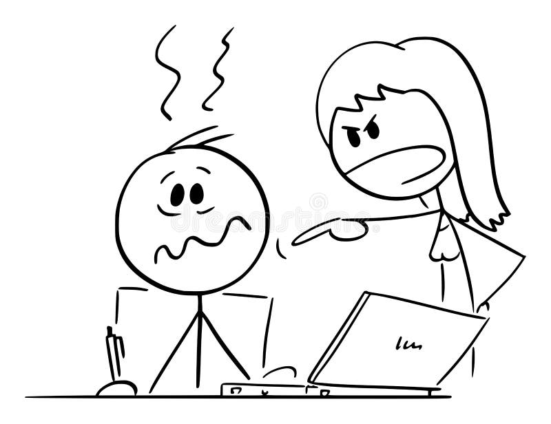 Person Working at Home Office or Worker Typing on Computer, Wife or Female Boss is Yelling, Vector Cartoon Stick Figure royalty free illustration