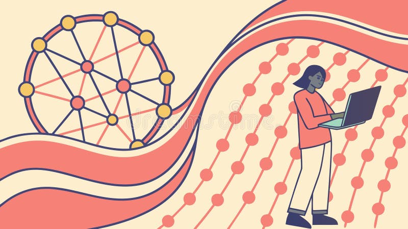 Person working on a laptop with abstract data network, symbolizing digital connectivity. vector design Generative AI stock illustration