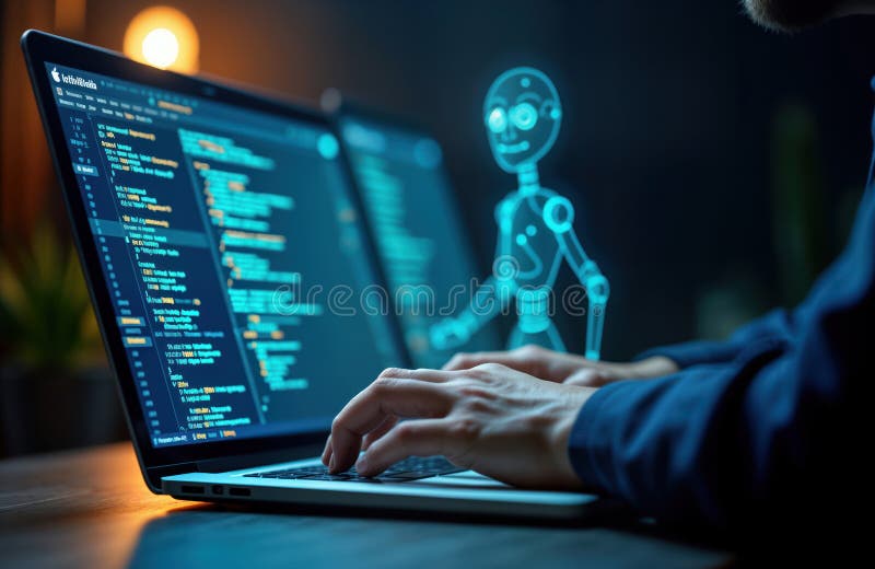 Person working on laptop. Coding artificial intelligence chat AI robots. Research for video content. Write reports, scripts. stock illustration