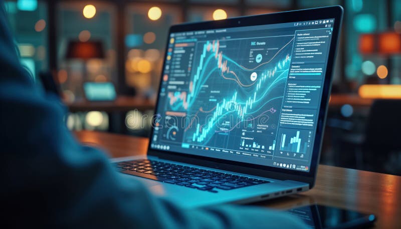 Person working on laptop with complex financial tech charts displayed. Modern tech tools for analysis. Dynamic data vector illustration