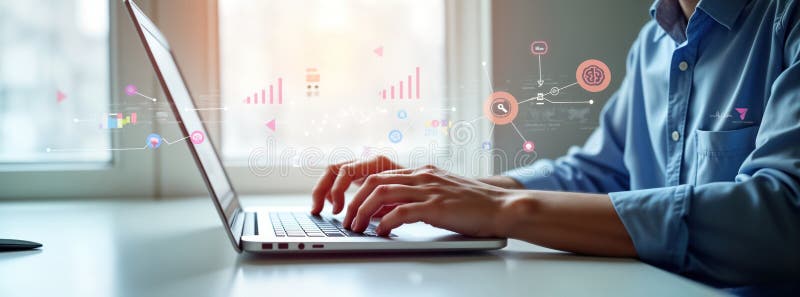 Person working on laptop with data exchange code. Modern software developer focuses on data processing. AI, digital technology vector illustration