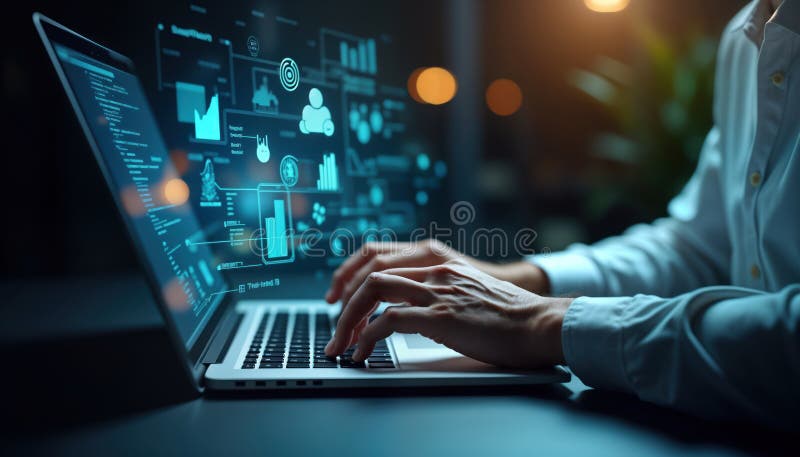 Person working on laptop. Hands type on keyboard. Virtual data analysis interfaces, profiles float around screen. Modern tech stock illustration