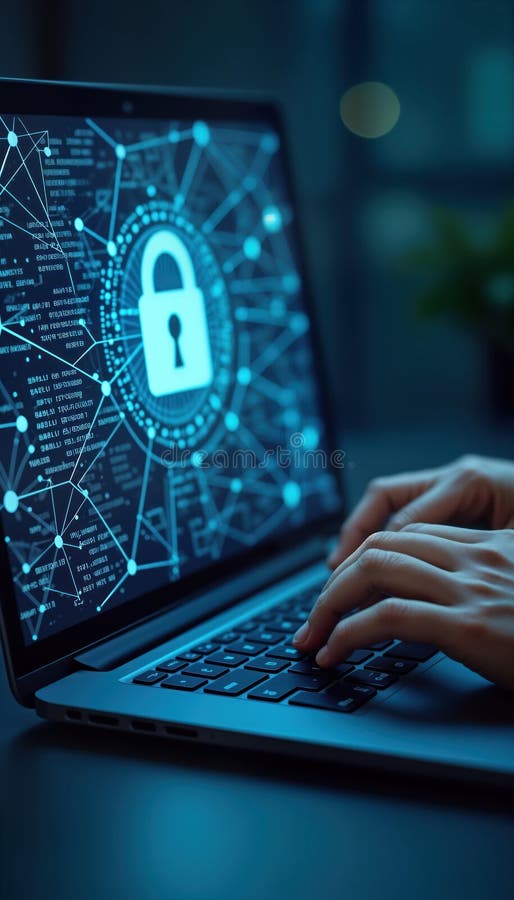 Person working on laptop. Hands typing on keyboard. Cyber security concept on screen. Abstract network. Modern tech tools. vector illustration