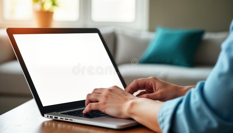 Person working on laptop indoors. Hands type on keyboard. Blank screen laptop mockup. Office setting. Possible home office vector illustration