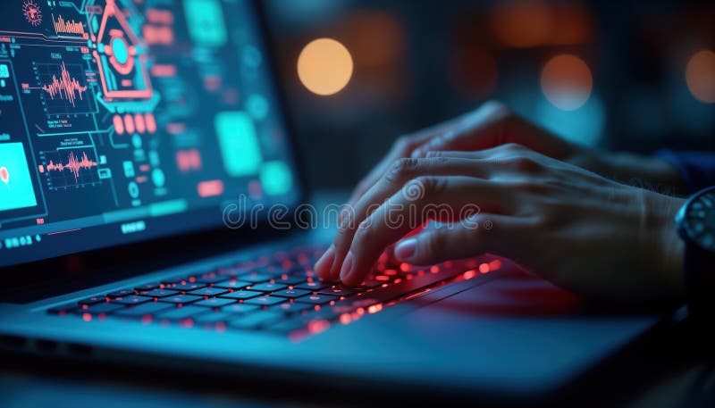 Person working on laptop at night. Person typing on keyboard with glowing red lights. Modern digital system service. Tech support vector illustration