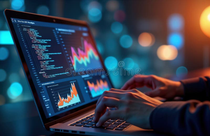 Person working on laptop. Screen shows multiple charts, data. Hands typing on keyboard. Analysis of business data. Modern tech. stock illustration