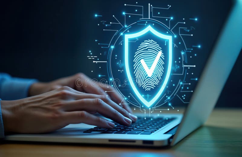 Person working on laptop secure digital environment. Person typing on laptop with glowing cybersecurity shield graphic. Focus on vector illustration