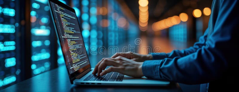 Person working on laptop in server room. Coding website design. Person types on keyboard. Focus on data center, coding. Person in stock illustration