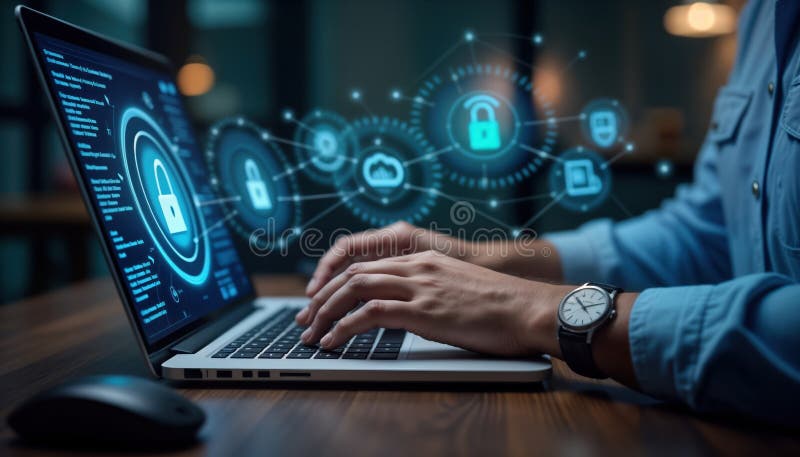 Person working on laptop. Tech person typing on keyboard. Person managing information security. Focus on data protection. Working stock illustration