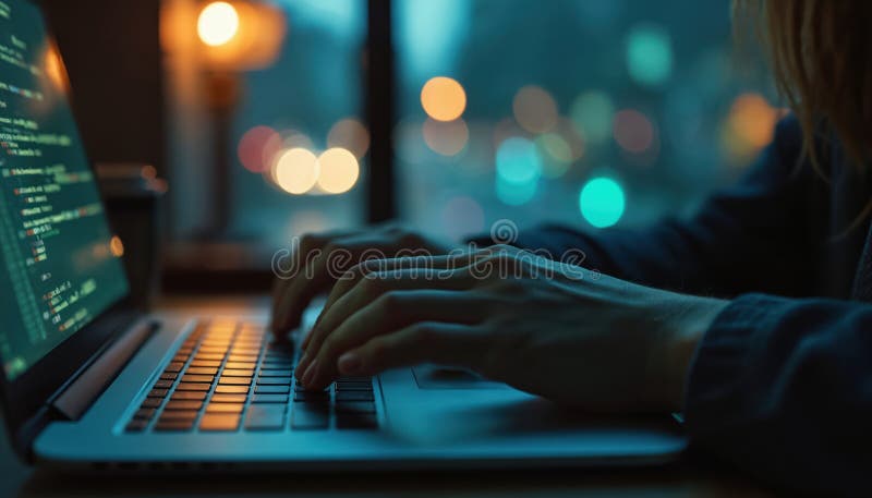 Person working late on laptop at night. Hands typing on keyboard with code displayed on screen. Digital tech, programming, coding concept. Office, business remote work. Night lights. AI generated