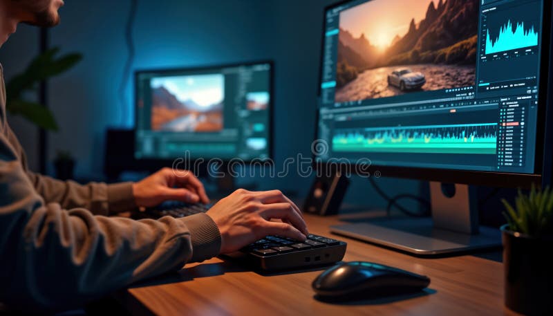 Person working on video editing software on computer. Hands on keyboard. Multiple screens display various video editing tools vector illustration