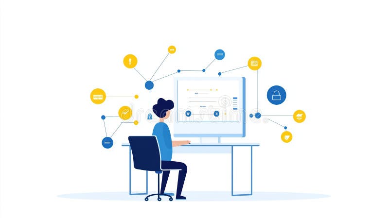 Person works on computer managing workflow automation. Person sits at desk in office, looking at screen with flowchart diagrams, connecting icons. Tech process improvement, workflow. AI generated