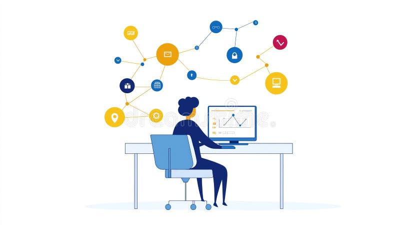 Person works at computer. Workflow automation scheme. Business process optimization. Tech solutions. Person looks at progress royalty free illustration