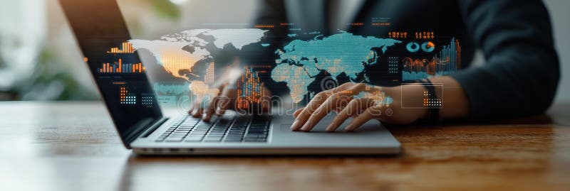 Person works on laptop analyzing big data. Data visualization shows global trends. Person uses tech to find insights. Data driven royalty free illustration