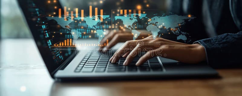 Person works on laptop with global data analytics. Hands type on keyboard. World map, charts displayed on screen. Data analysis royalty free illustration