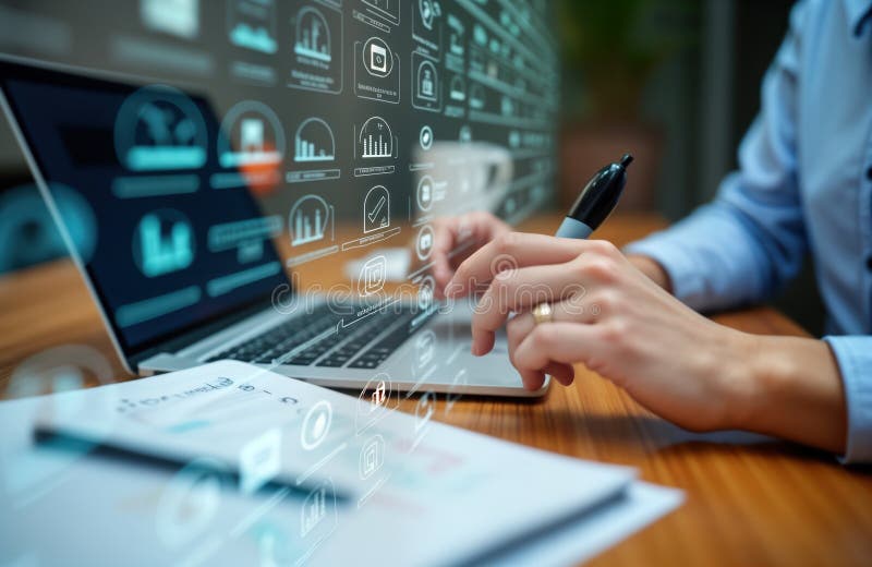 Person works on laptop. Modern tech tools streamline hr management. Online forms, assessments. Person uses laptop with digital royalty free illustration