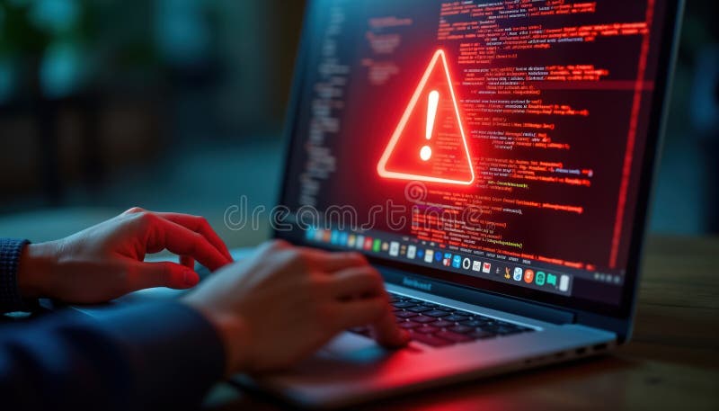 Person works on laptop. Screen shows red error alert. Coding displayed. Cybersecurity professional examines system vector illustration