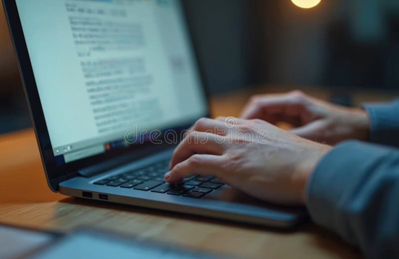 Person works laptop, typing blog post. Hands type keyboard, screen shows text, working home, remote office, creative work, tech. vector illustration