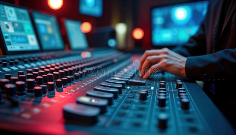 Person works with pro audio mixer console in studio. Hands adjust audio controls. Technical person controls video, sound mix stock illustration