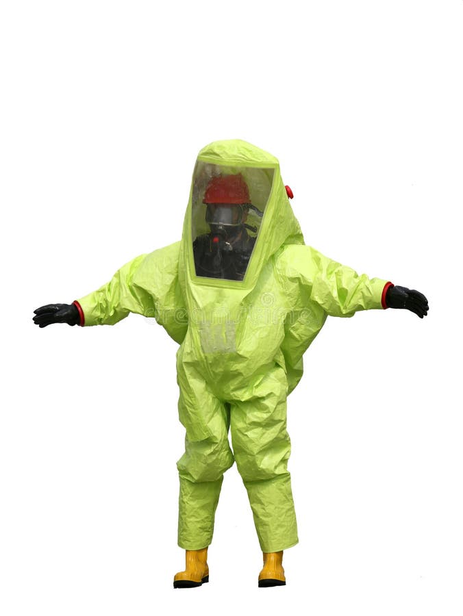 Person with Yellow Protective Suit on White Background Stock Photo