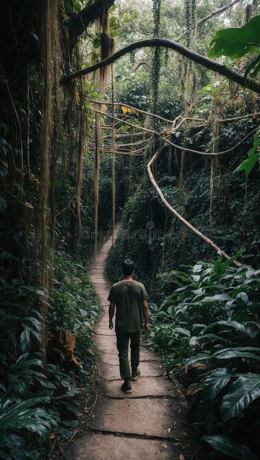Persona caminando por un camino estrecho y sinuoso a través de una densa jungla con vides y vida silvestre alrededor ilustración del vector