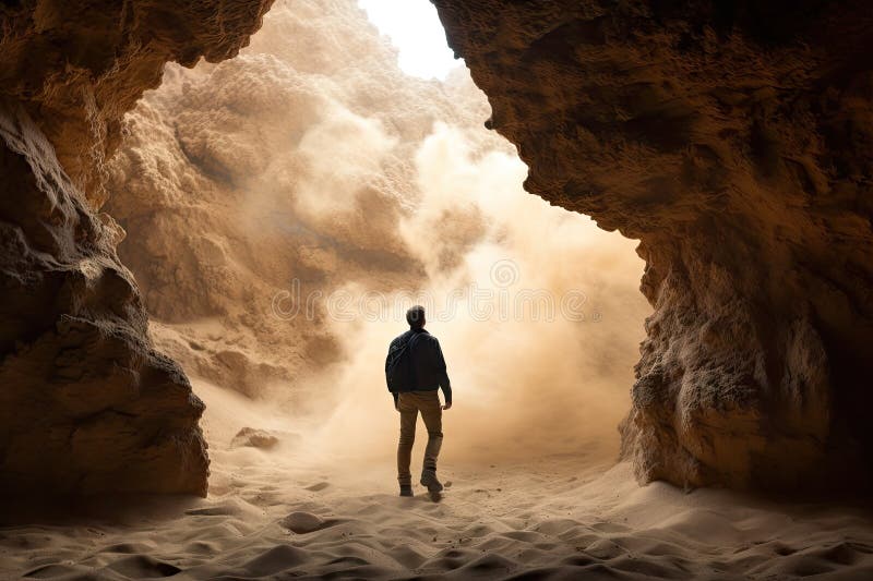 Persona che esplora misteriosi sistemi cavernosi quando l'esplosione di sabbia scuote il terreno e i muri illustrazione di stock