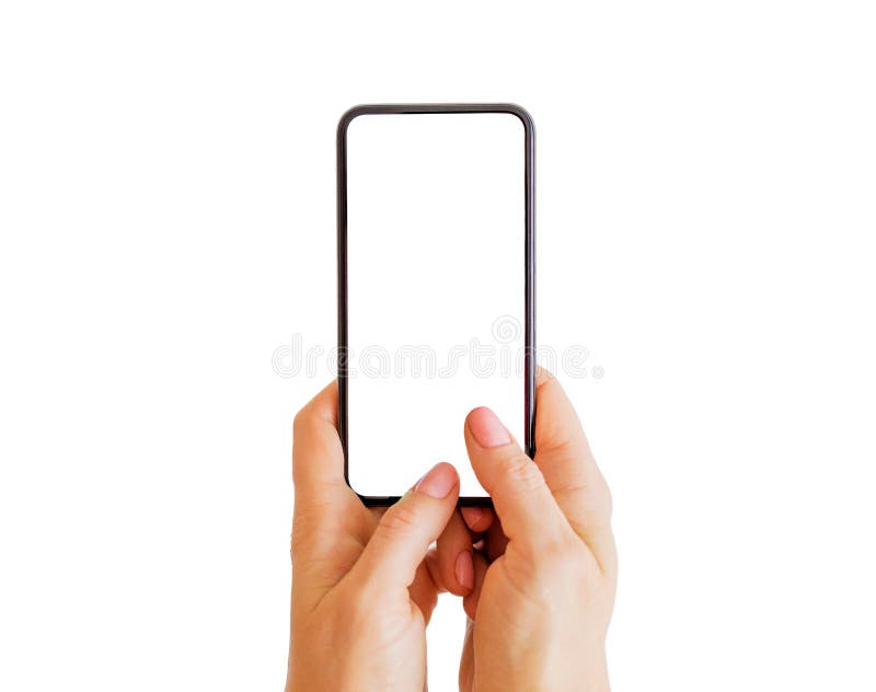 Persona che scrive qualcosa a macchina sul telefono con lo schermo bianco vuoto Modello mobile di app